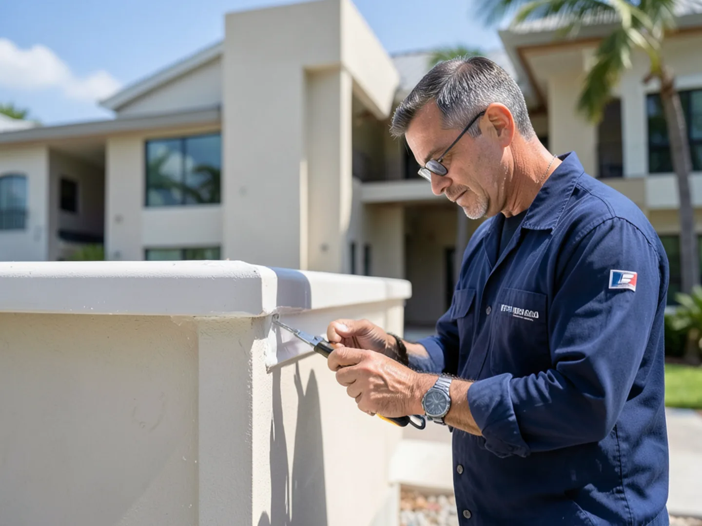 Technician hand-crimping and sealing a corner miter joint with marine sealant