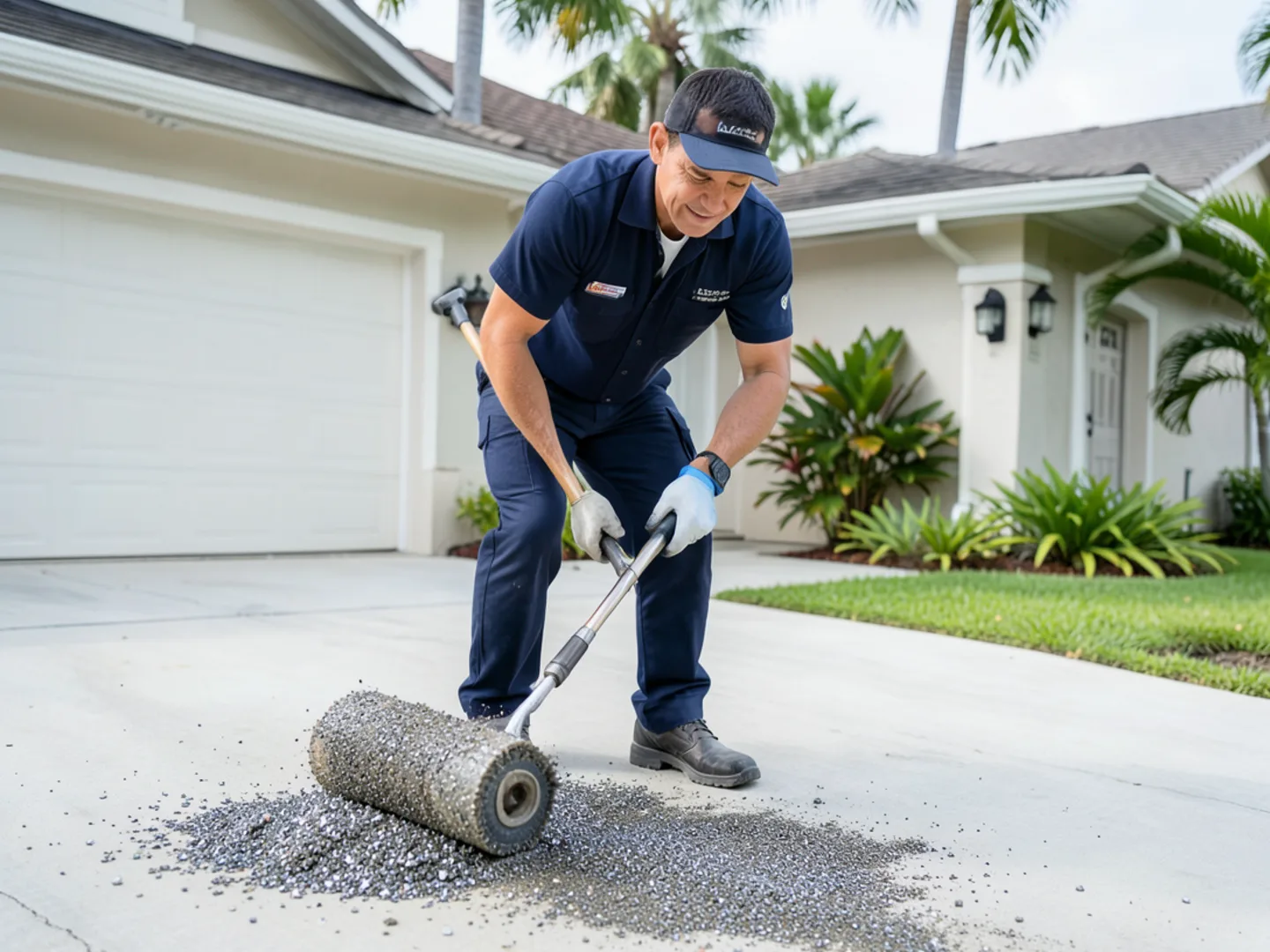 Technician sweeping a magnetic roller across a residential driveway to collect metal shavings