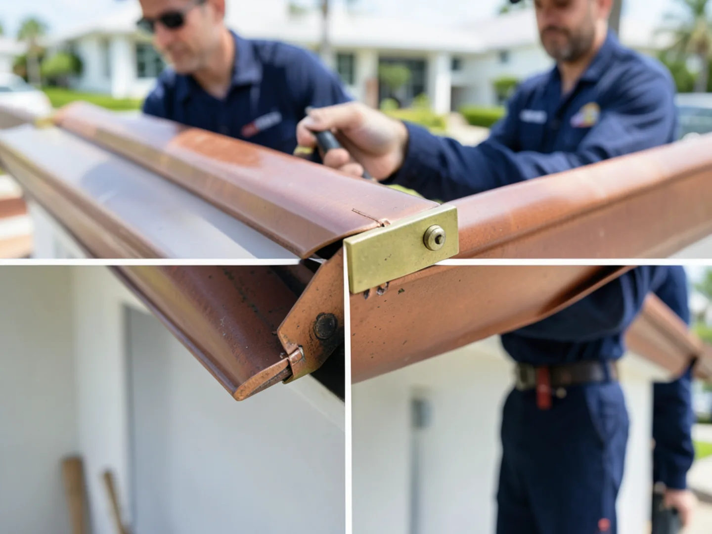 Close-up of a neatly hand-soldered copper gutter corner miter with solid brass bracket