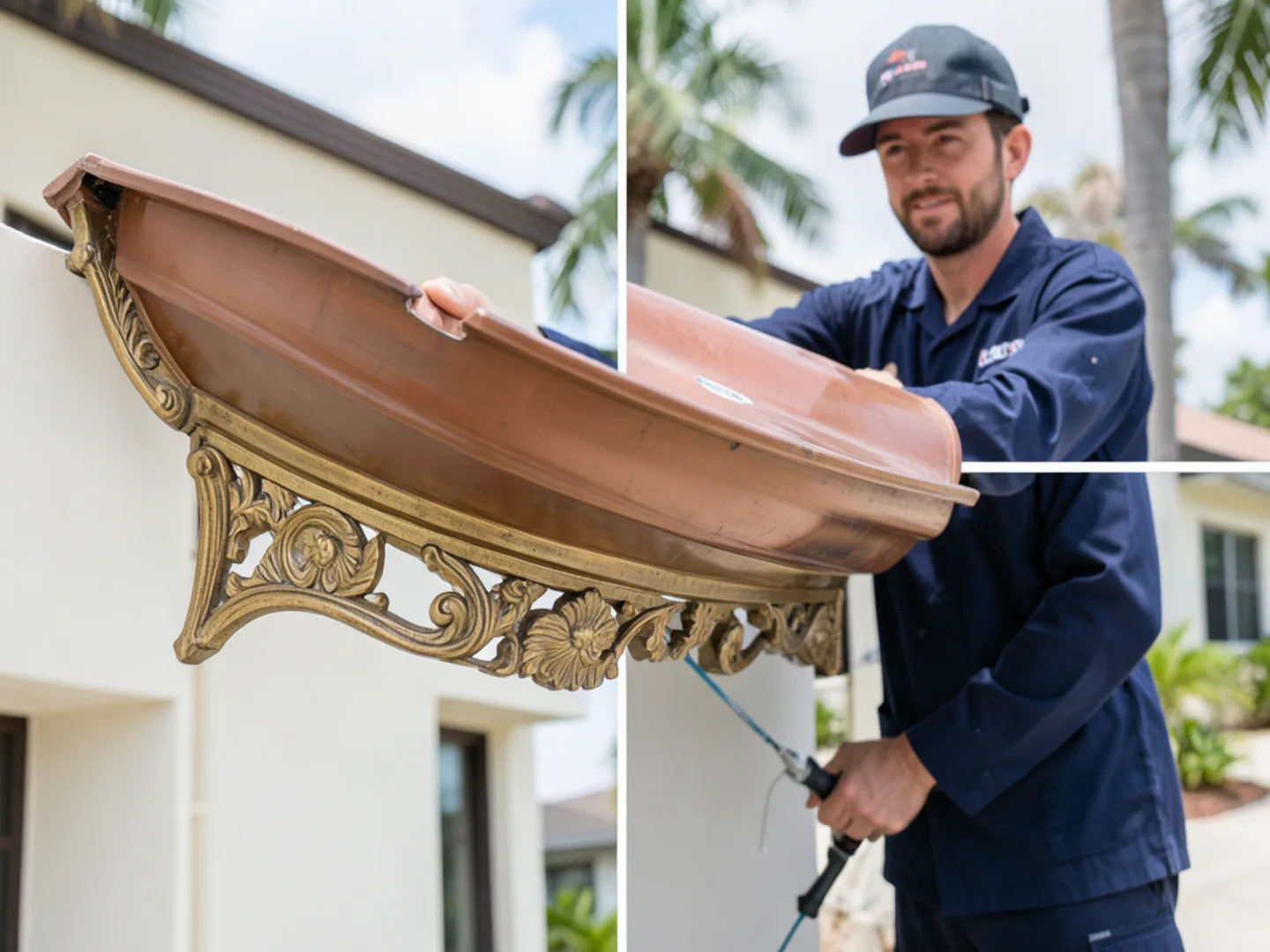 Heavy decorative cast brass mounting bracket holding a half-round copper gutter