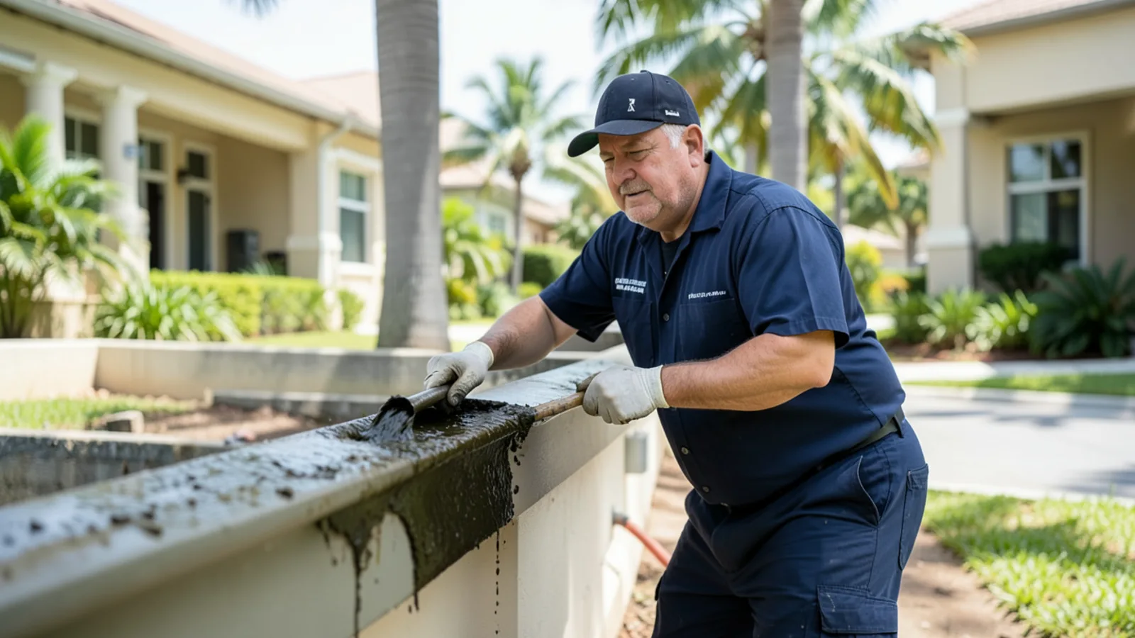 Technician flushing thick black olive tannin sludge out of a Kendall gutter run