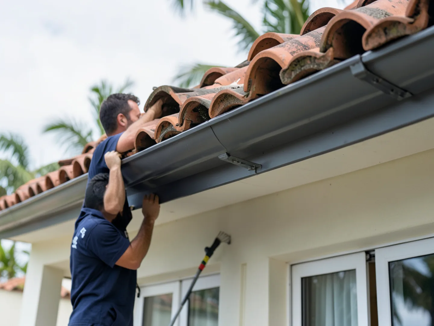 Installing seamless gutters along Spanish barrel tile overhang with custom brackets