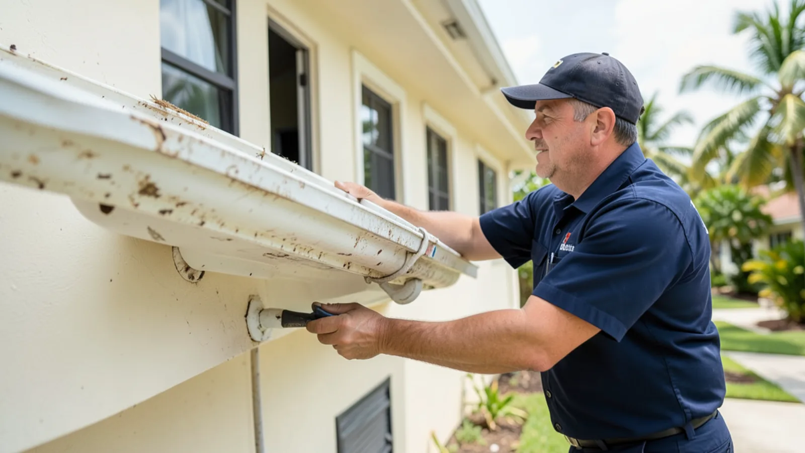 Technician inspecting weathered 1990s gutters on a post-Hurricane Andrew home