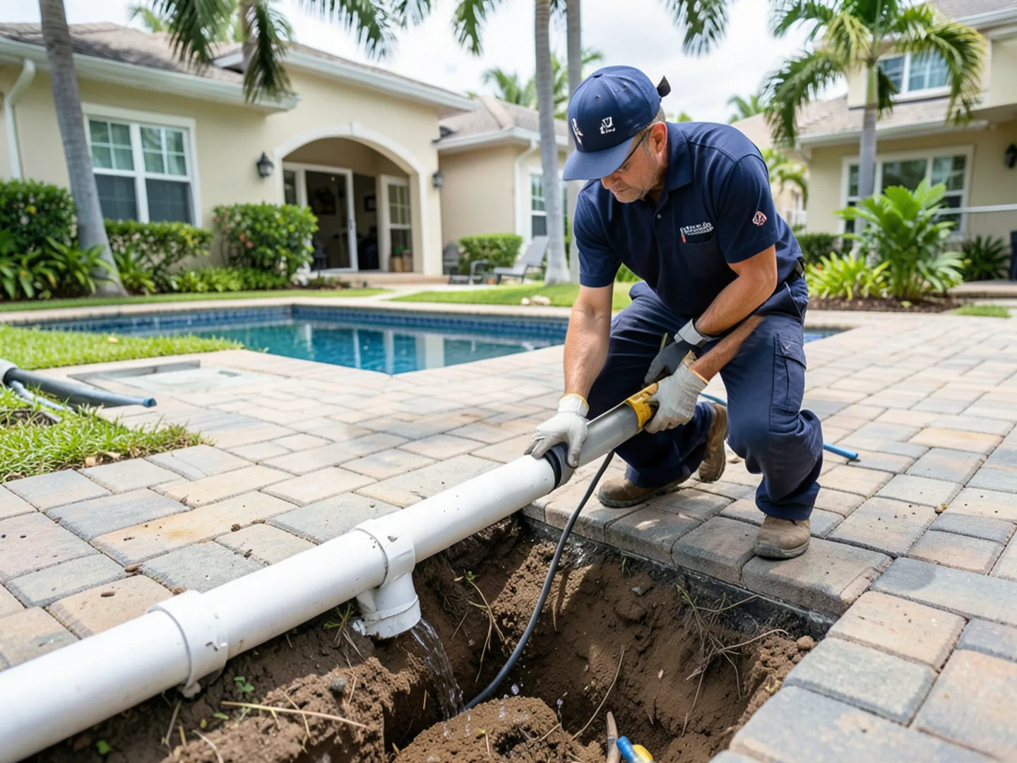 Solid PVC drainage pipe connecting downspout boot into underground trench line
