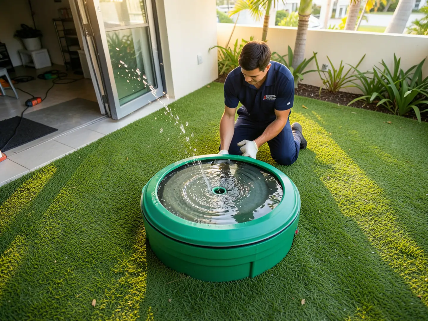 Green pop-up drainage emitter releasing stormwater safely onto a suburban lawn