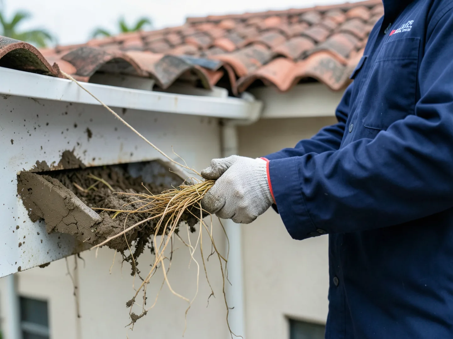 Gloved technician scooping stringy palm frond fibers and black silt from gutter channel