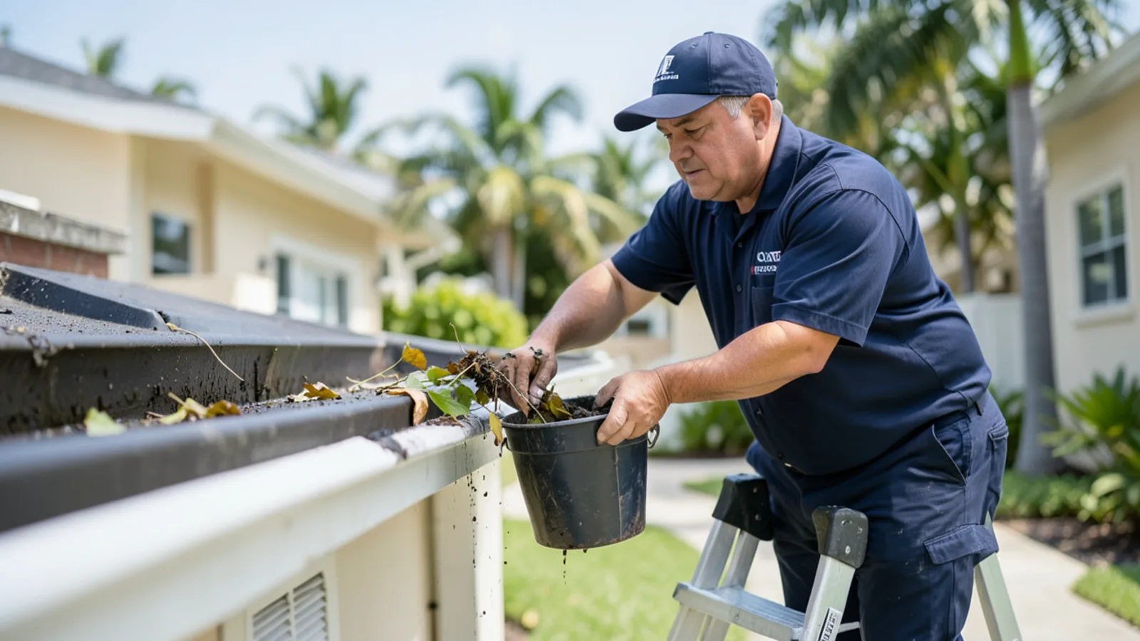 Gutter cleaning specialist on a ladder removing wet leaf debris from an aluminum trough