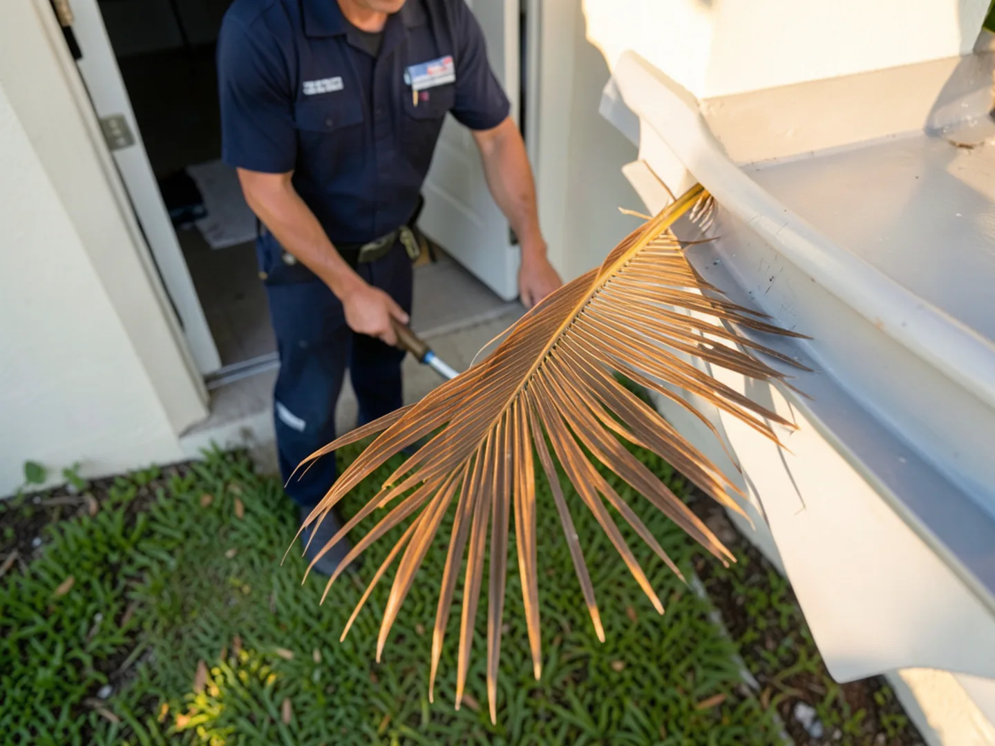 Brown palm frond debris sliding off the smooth surface of an installed gutter guard