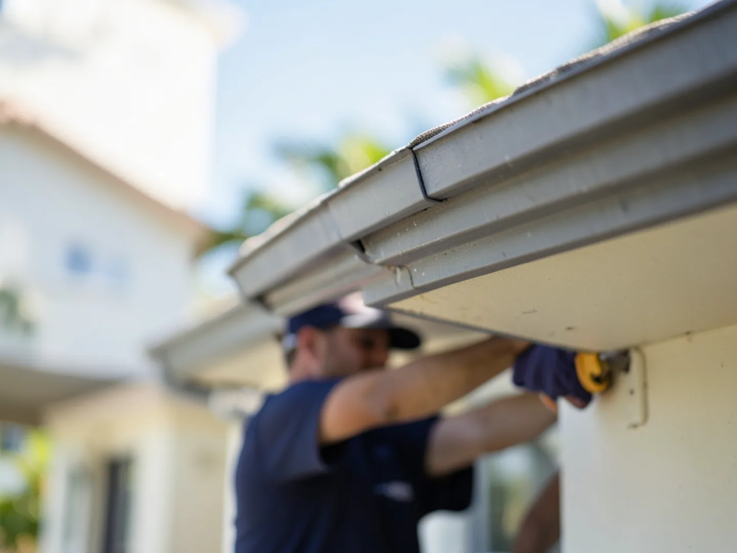 Low-profile gutter guard system practically invisible from street level along roofline
