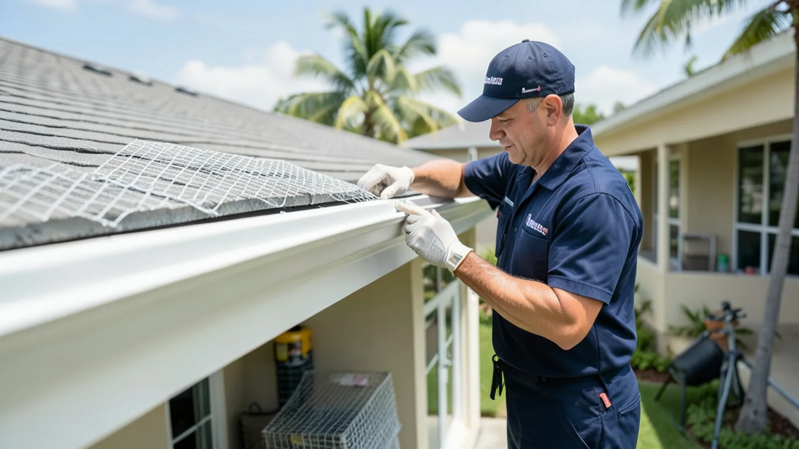 Installer locking micro-mesh gutter guard panels into place over a seamless aluminum gutter