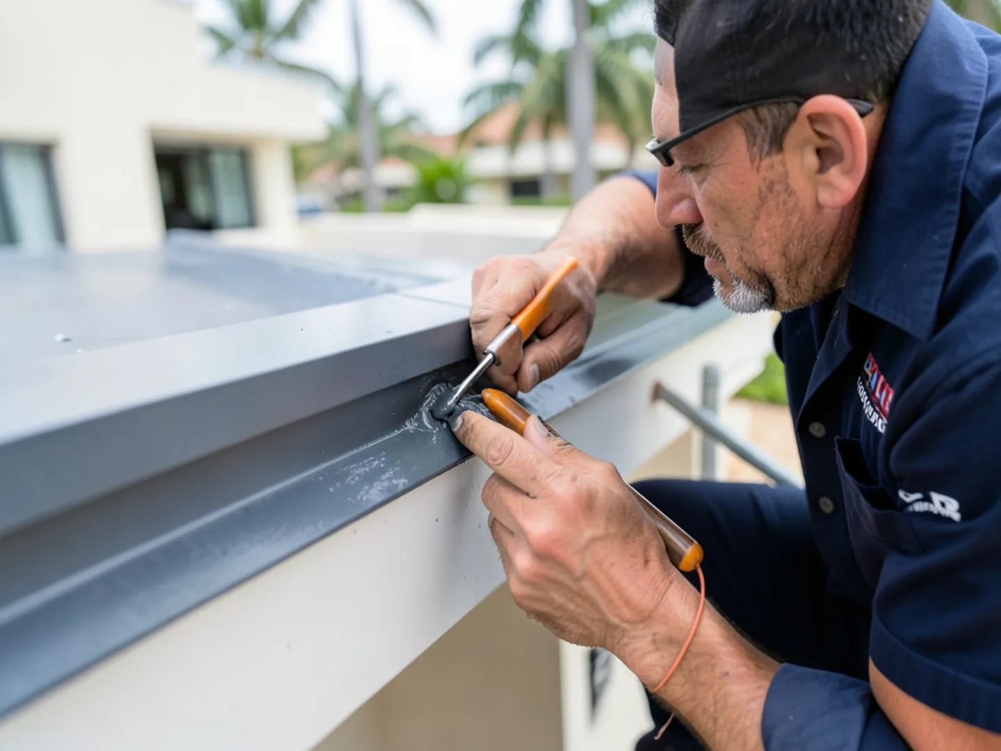 Applying commercial-grade waterproof sealant along an inside gutter corner miter