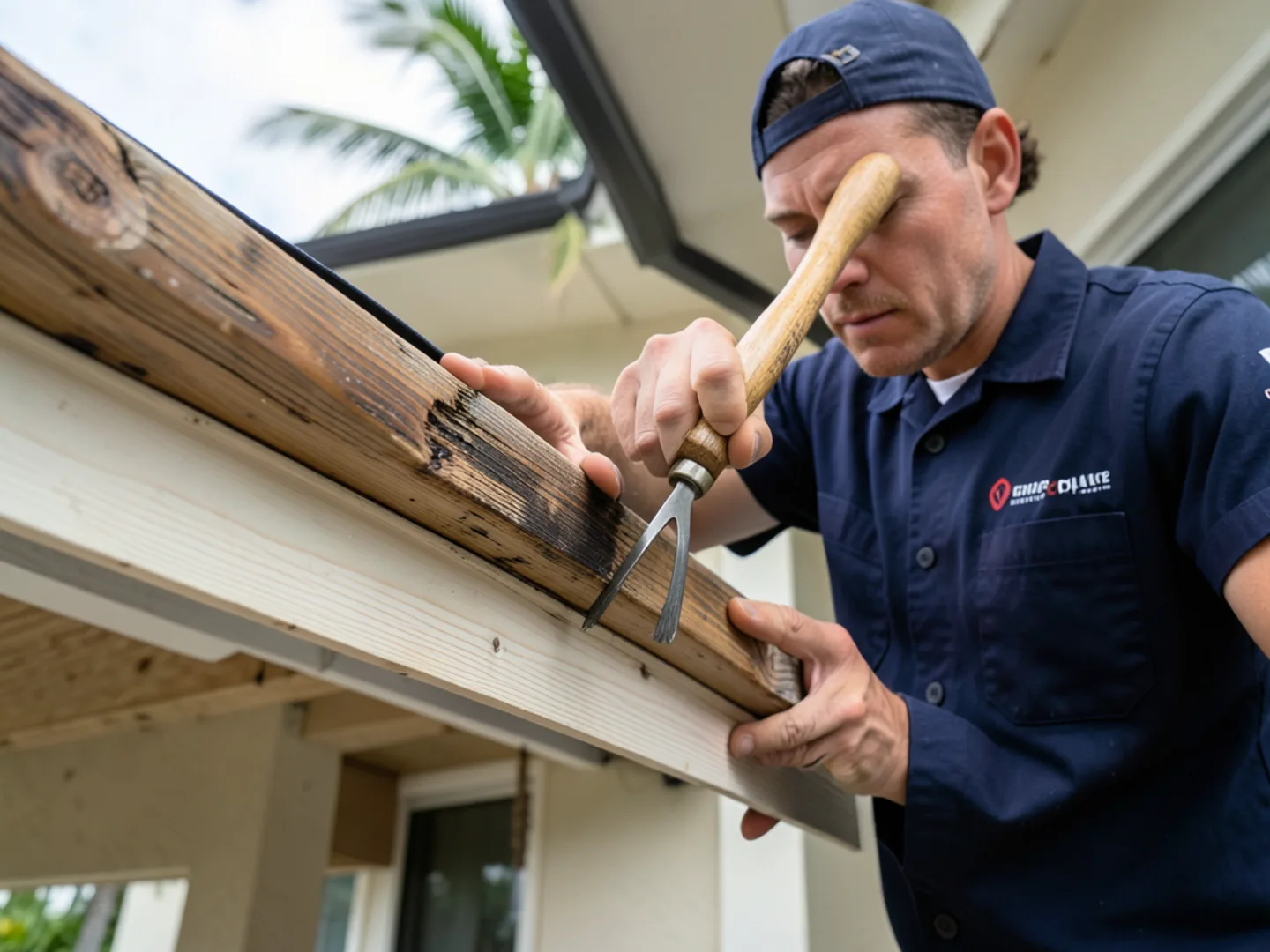 Technician evaluating rotted wood fascia board exposed behind a detached gutter