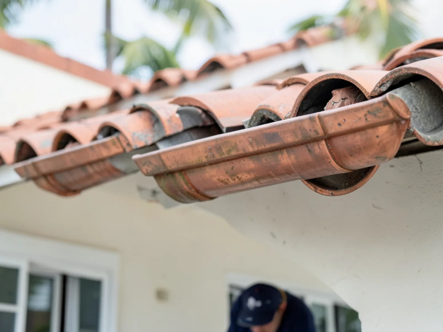 Half-round solid copper gutter developing natural patina along barrel-tile eave