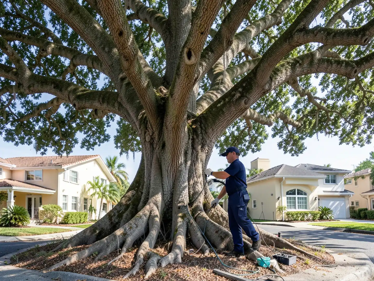 Dense ancient banyan tree canopy casting shade over a Coral Gables street and roofline