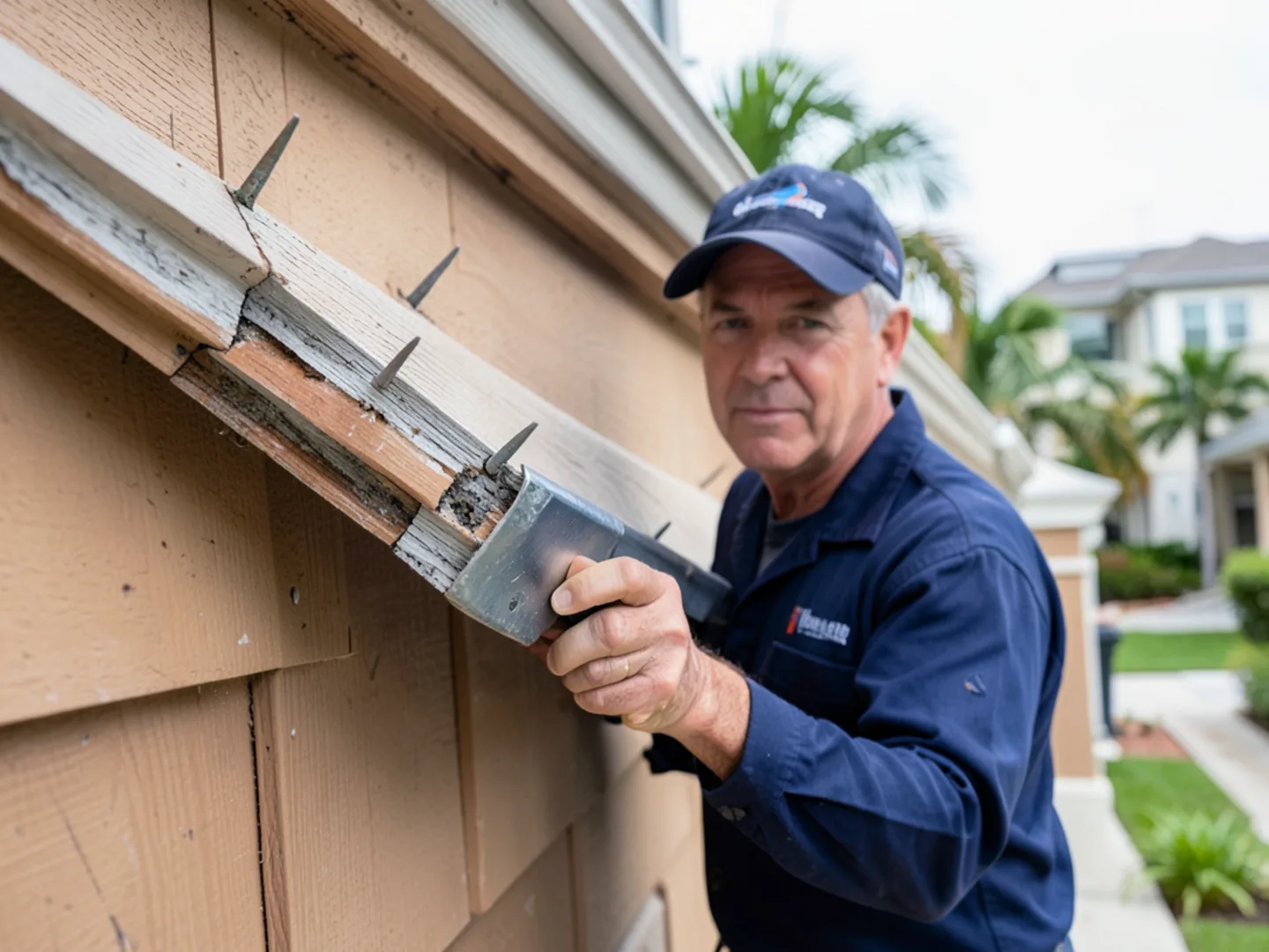 Removing corroded 1990s gutter spikes that pulled away from wood fascia board