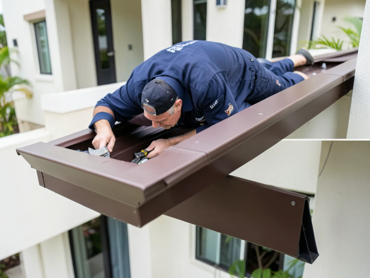 Dark bronze 6-inch seamless gutter matching exterior trim on a Doral residence