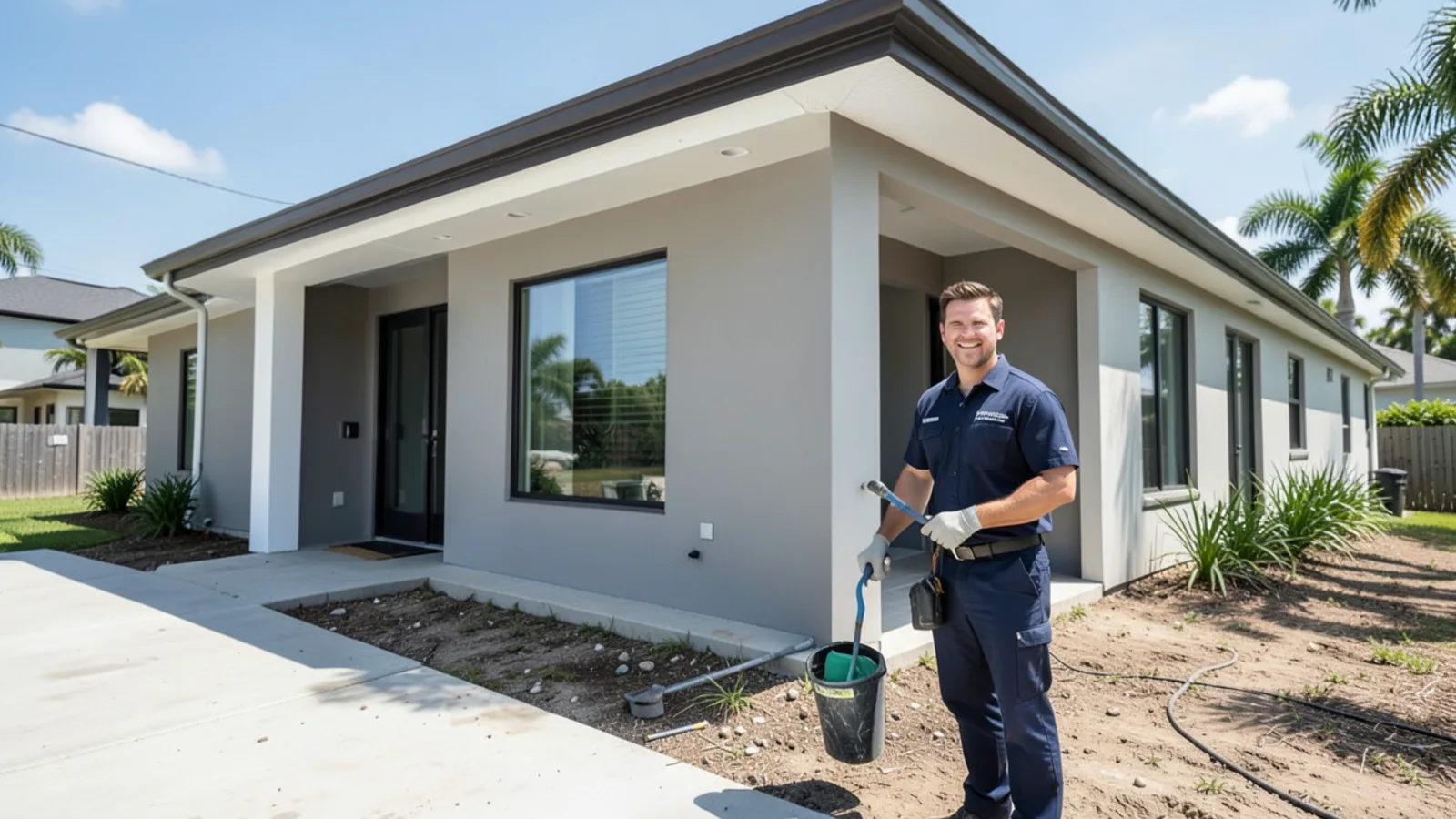 Brand new seamless gutter installation on a newly built modern CBS home in Homestead