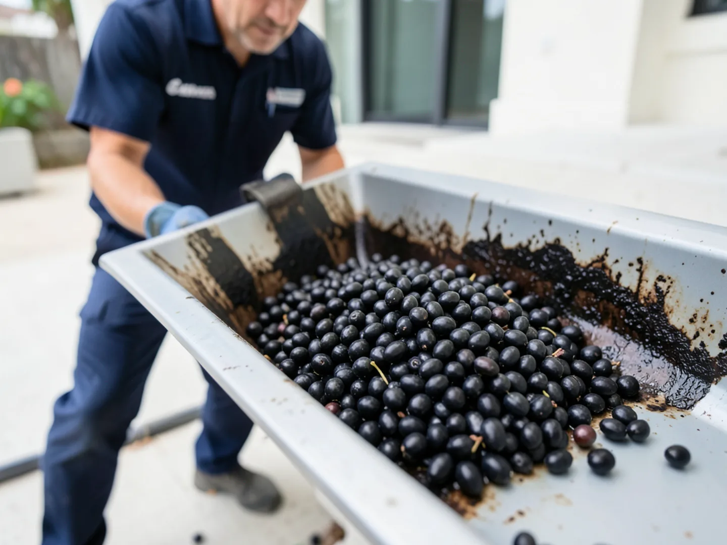 Close-up of black olive seed clusters and dark staining residue inside a gutter trough