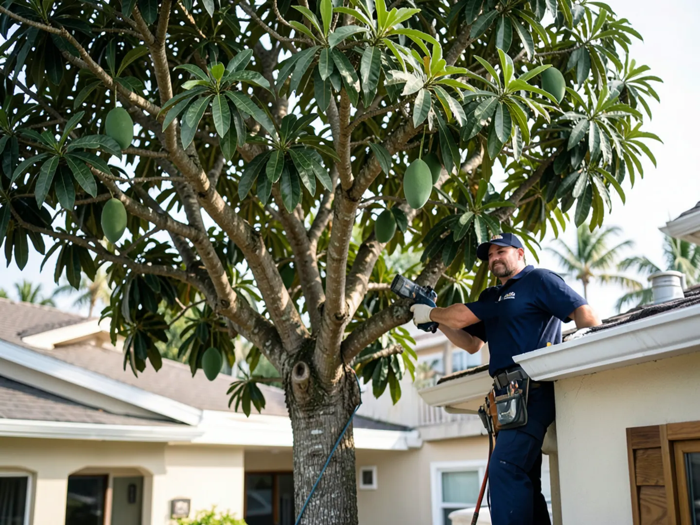 Large mature mango tree with heavy foliage hanging over a residential Kendall roof