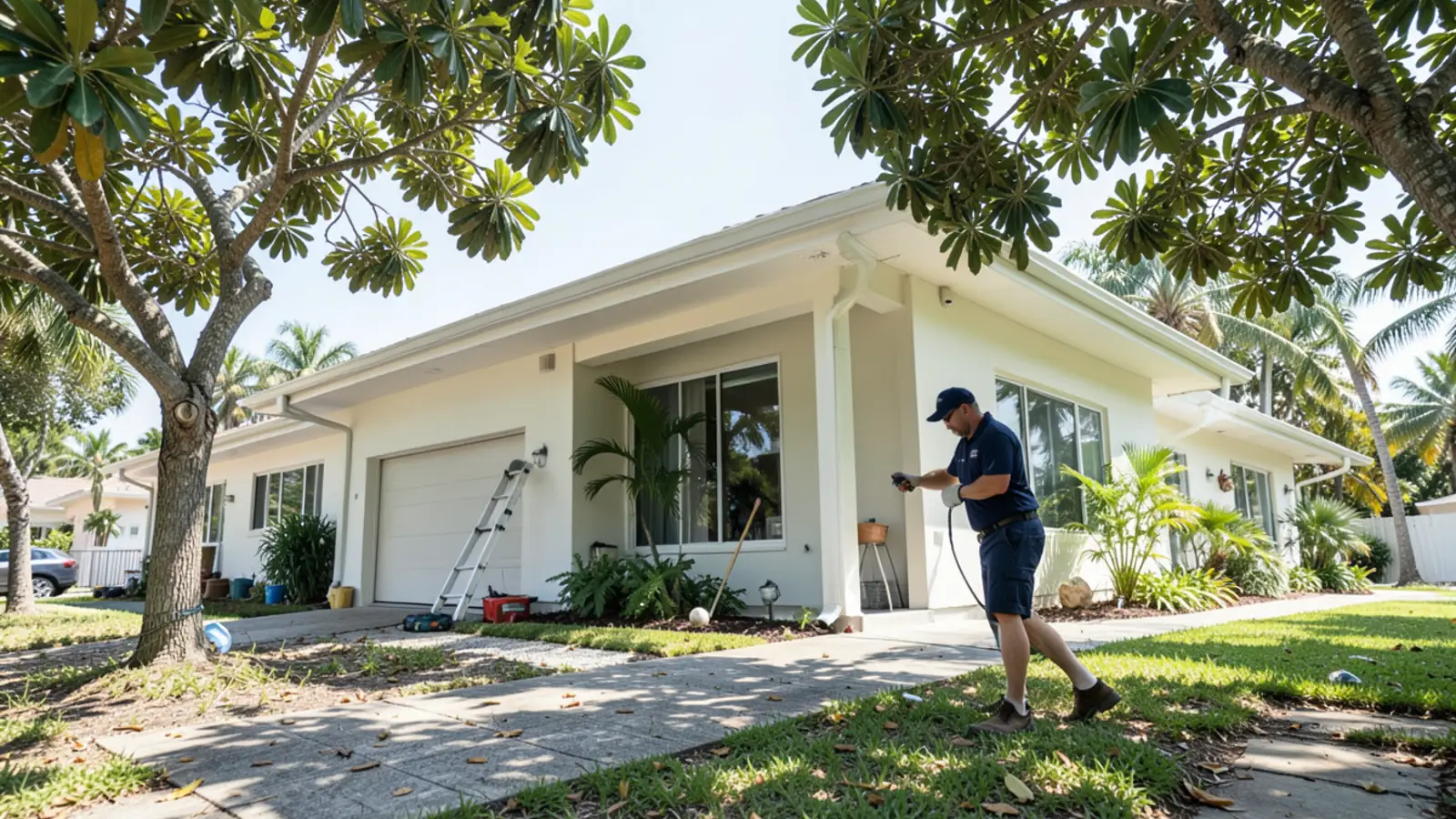 Suburban CBS ranch home in Kendall, FL with 6-inch seamless gutters under mango trees