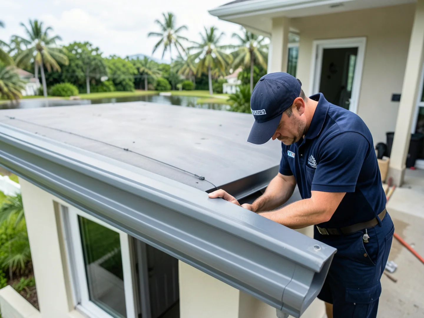 Rear roofline of a Miami Lakes home overlooking Lake Patricia with 6-inch gutters