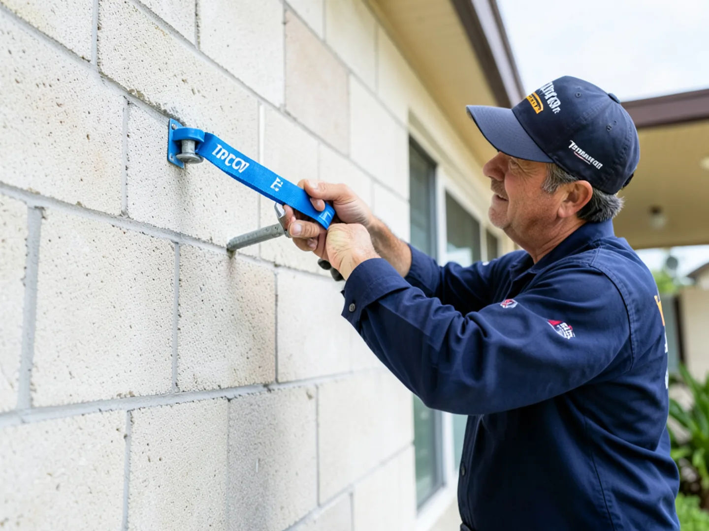 Driving heavy-duty blue Tapcon masonry screws into CBS concrete wall for downspout strap